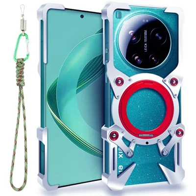 لـ Xiaomi 17 Ultra 5G غطاء هاتف معدني بمسند دوار وحلقة مغناطيسية مع حزام معصمي - فضي
