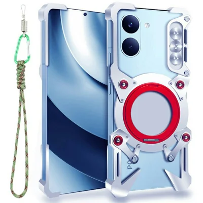 Capa Bumper para Xiaomi Poco X8 Pro 5G / Redmi Turbo 5 5G com Suporte de Anel Rotativo, Liga de Alumínio Magnética com Alça de Punho - Prata