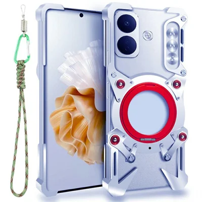 Funda de protección para Xiaomi Poco X8 5G con soporte anillo giratorio, carcasa magnética de aleación de aluminio con correa de muñeca - Plata