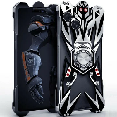 For iPhone 15 Bumper Case Machined Hollow Design Aluminum Alloy Phone Cover with Ring Holder - Black / Silver