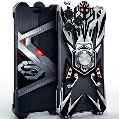 For iPhone 15 Pro Bumper Case Machined Hollow Design Aluminum Alloy Phone Cover with Ring Holder - Black / Silver