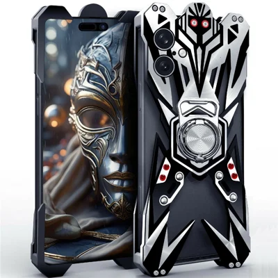 For iPhone 16 Bumper Case Machined Hollow Design Aluminum Alloy Phone Cover with Ring Holder - Black / Silver