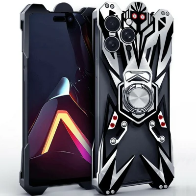 For iPhone 16 Pro Max Bumper Case Machined Hollow Design Aluminum Alloy Phone Cover with Ring Holder - Black / Silver