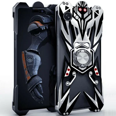 For iPhone 17e / 16e Bumper Case Machined Hollow Design Aluminum Alloy Phone Cover with Ring Holder - Black / Silver
