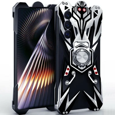 For Samsung Galaxy A27 5G Bumper Case Machined Hollow Design Aluminum Alloy Phone Cover with Ring Holder - Black / Silver
