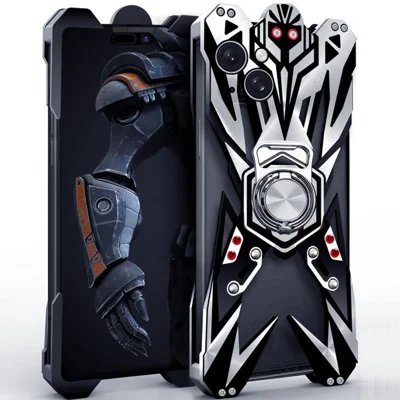 For iPhone 14  /  13 Bumper Case Machined Hollow Design Aluminum Alloy Phone Cover with Ring Holder - As Shown