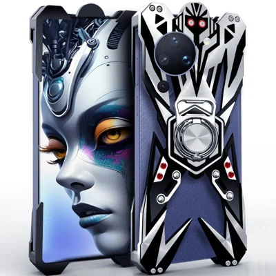 For Huawei Pura 90 Bumper Case Machined Hollow Design Aluminum Alloy Phone Cover with Ring Holder - As Shown