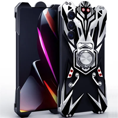 Funda de aluminio mecanizado con diseño hueco para Samsung Galaxy S25 FE, con soporte anillo - Negro / Plata