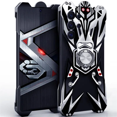 Funda de aluminio mecanizado con diseño hueco para Samsung Galaxy S25 Ultra, con soporte de anillo - Negro / Plata