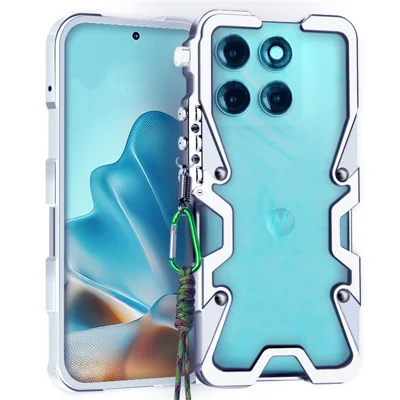 Coque pare-chocs en alliage d'aluminium pour Motorola Moto G47 5G, coque métallique avec dragonne - Argent