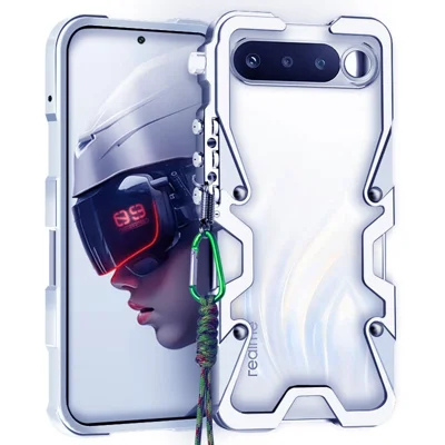 Чехол-бампер из алюминиевого сплава для Realme 16 5G, металлический чехол с ремешком — серебряный