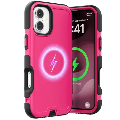 Funda para iPhone 16 Compatible con MagSafe Anticaídas con Cubierta de Teléfono de 3 Capas PC + TPU - Rojo Rosa