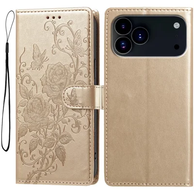 For iPhone 18 Pro  /  17 Pro Leather Case Rose Butterfly Imprinted Wallet Stand Flip Phone Cover with Wrist Strap - Gold