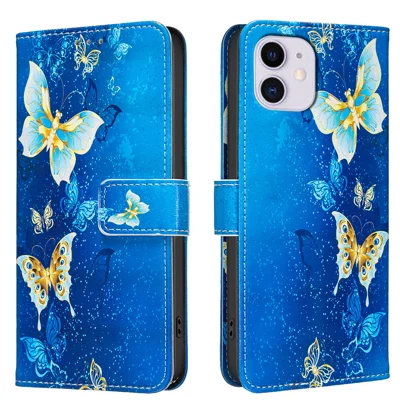 Für iPhone 11 Pro Hülle Brieftasche Ständer Musterdruck Telefon Lederhülle - Goldene Schmetterlinge