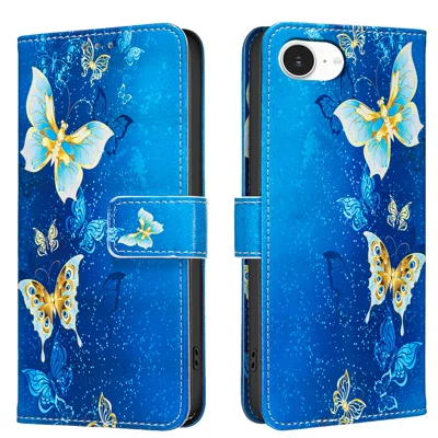 For iPhone 16e / iPhone 17e Hoesje Portemonnee Stand Patroonprint Telefoon Leren Cover - Gouden Vlinders