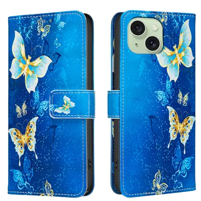 Capa Carteira Suporte para iPhone 15 Plus / iPhone 14 Plus com Impressão de Padrão em Couro - Borboletas Douradas