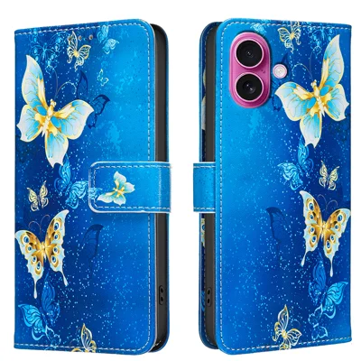 Für iPhone 16 Plus Hülle Brieftasche Ständer Musterdruck Handy Ledertasche - Goldene Schmetterlinge