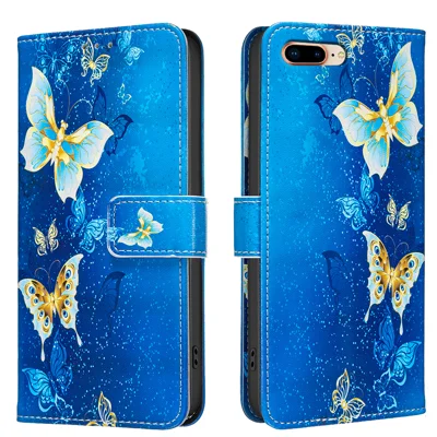 For iPhone 6 Plus 5.5 inch / iPhone 7 Plus 5.5 inch / iPhone 8 Plus 5.5 inch Case Wallet Stand Pattern Printing Phone Leather Cover - Golden Butterflies