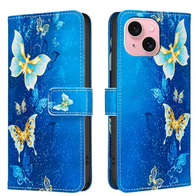  For iPhone 15 Case Wallet Stand Pattern Printing Phone Leather Cover - Golden Butterflies