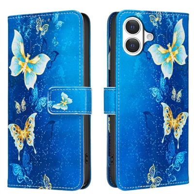Für iPhone 18 / iPhone 17 Brieftaschenetui mit Ständer, Musterdruck, Handy-Lederhülle - Goldene Schmetterlinge