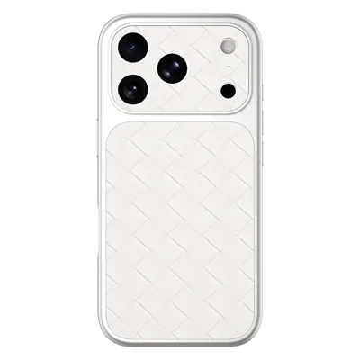 Funda para iPhone 18 Pro / 17 Pro con textura tejida, revestimiento de cuero PU, PC, TPU, borde plateado y recortes precisos - Blanco