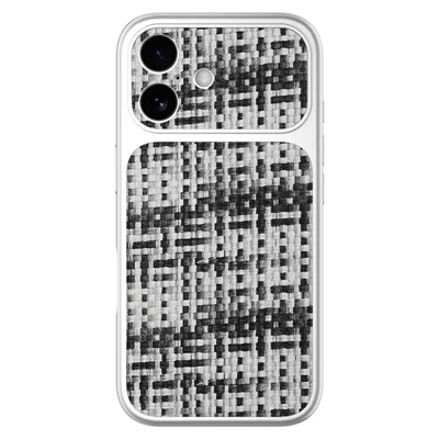 Funda para iPhone 16, borde plateado, revestimiento de cuero sintético, TPU+PC, protección completa de cámara, funda para teléfono - Negro / Blanco
