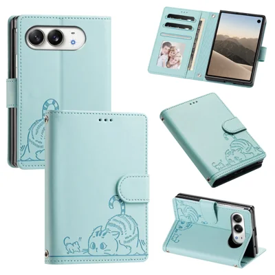  For iPhone Duo Case with Strap RFID Blocking Leather Wallet Phone Cover Cat Mouse Pattern - Mint Green