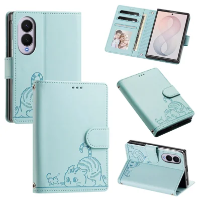  For Samsung Galaxy Z Fold8 Case with Strap RFID Blocking Leather Wallet Phone Cover Cat Mouse Pattern - Mint Green