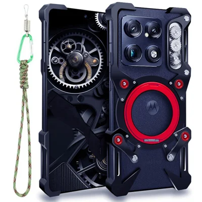 Voor Motorola Signature 5G Bumperhoesje met Standring van Aluminiumlegering Magnetische Telefoonhoes met Polsriem - Zwart