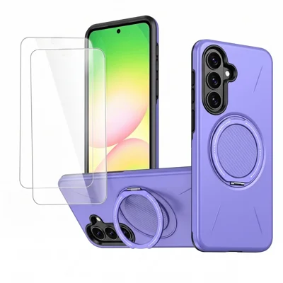  For Samsung Galaxy A55 5G Magnetic Case Rotating Kickstand PC + TPU Phone Cover with 2Pcs High Aluminium-silicon Glass Screen Protector - Purple
