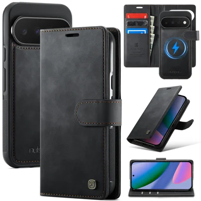 AUTSPACE für Google Pixel 11 Pro XL A05 Tasche Geldbörse Ständer Abnehmbare Ledermagnet Handyhülle - Schwarz