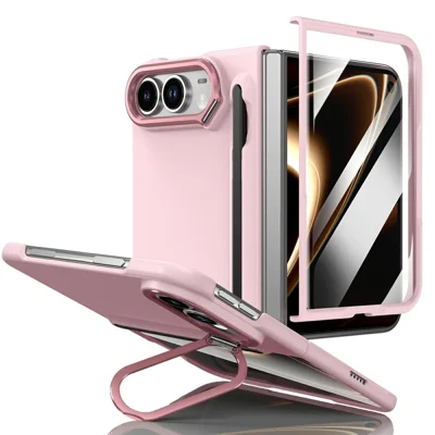 Duo-hoesje voor iPhone met cameraframe, standaard, harde PC-telefoonhoes met gehard glasfolie en stylus - Roze