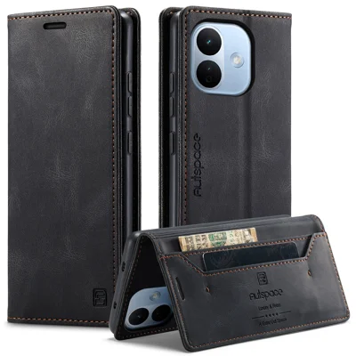 AUTSPACE für Xiaomi Redmi Note 17 Pro 5G Brieftaschenhülle A01 Ledertasche mit Standfunktion und RFID-Schutz Kartenhalter - Schwarz