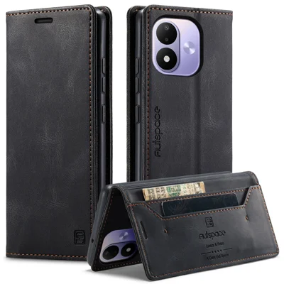 AUTSPACE für Xiaomi Redmi Note 17 5G (Global) / Xiaomi Redmi Note 17 4G (Global) Ledertasche A01 Ledertasche mit Ständer und RFID-Schutz-Cardholder – Schwarz