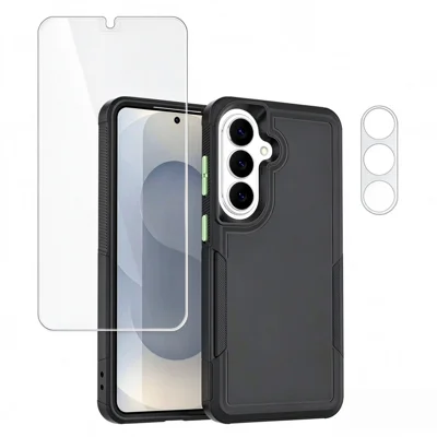  For Samsung Galaxy S26+ Case PC + TPU Non-Slip Grip Phone Cover with High Aluminium-silicon Glass Screen Protector + Tempered Glass Lens Protector - Black