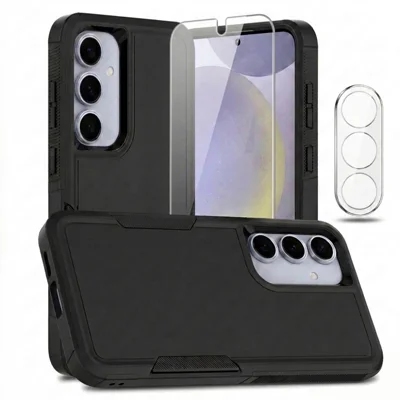 Funda para Samsung Galaxy A37 5G, carcasa antideslizante de PC + TPU con protector de pantalla de vidrio de aluminio-silicio de alta resistencia + protector de lente de vidrio templado - Negro