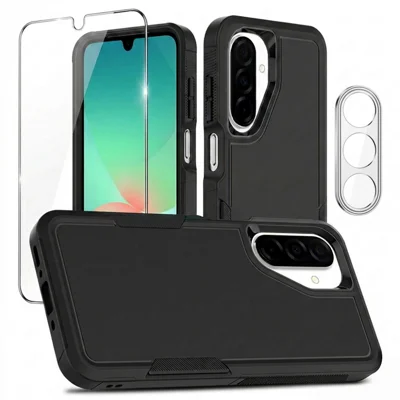  For Samsung Galaxy A18 4G Case PC + TPU Non-Slip Grip Phone Cover with High Aluminium-silicon Glass Screen Protector + Tempered Glass Lens Protector - Black