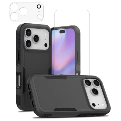  Funda para iPhone 17 Pro Max Carcasa de PC + TPU con Protector de Pantalla de Vidrio de Alta Transmisión de Aluminio-Silicio + Protector de Lente de Vidrio Templado - Negro