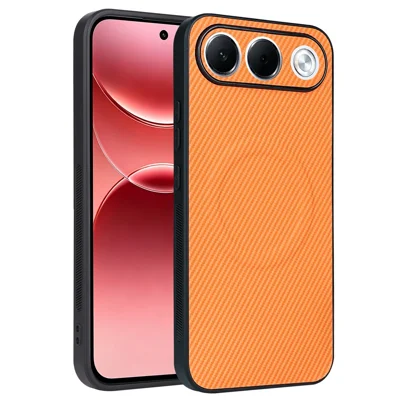 For Oppo A7 Pro 5G Case Carbon Fiber Texture Leather Coated TPU PC Phone Cover with Metal Ring for Magnetic Car Mount - Orange