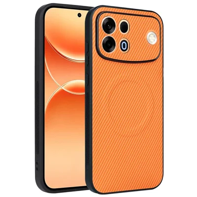 För Oppo A7 Pro Max 5G / F35 Pro 5G Skal Med Kolfiberstruktur Läderbelagd TPU PC Mobilskal Med Metallring För Magnetisk Hållare - Orange