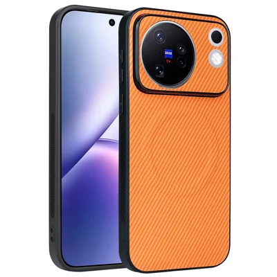 For vivo X500 5G Case Carbon Fiber Texture Leather Coated TPU PC Phone Cover with Metal Ring for Magnetic Car Mount - Orange