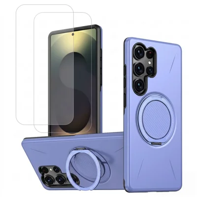  For Samsung Galaxy S25 Ultra Magnetic Case Rotating Kickstand PC + TPU Phone Cover with 2Pcs High Aluminium-silicon Glass Screen Protector - Purple