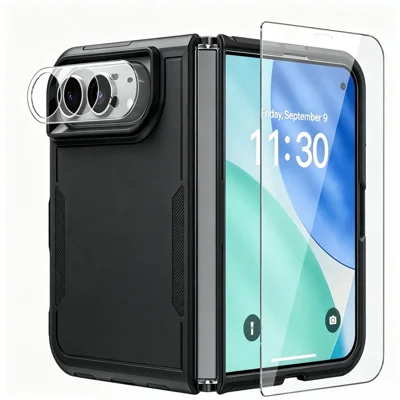 For iPhone Duo Case PC + TPU Anti-slip Greep Telefoonhoesje met Hoge Aluminium-silicium Glas Beschermfolie + Gehard Glas Lensbeschermer - Zwart