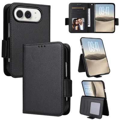 For iPhone Duo Case PU Leather Litchi Texture Anti Drop Phone Cover with Wrist Strap - Black