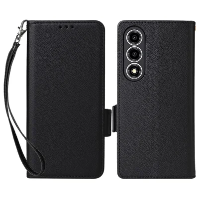 Til ZTE nubia A77 5G Taske Litchi-tekstur Wallet Læder Telefonbeskytning med Håndledsrem - Sort