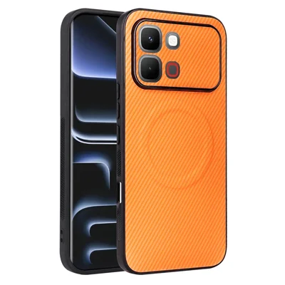 For Infinix Note Edge 5G Case Carbon Fiber Texture Leather Coated TPU PC Phone Cover with Metal Ring for Magnetic Car Mount - Orange