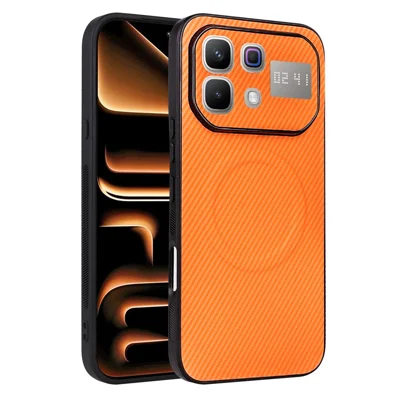 For Infinix Note 60 5G / Note 60 Pro 5G Case Carbon Fiber Texture Leather Coated TPU PC Phone Cover with Metal Ring for Magnetic Car Mount - Orange