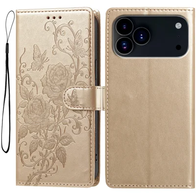  For iPhone 17 Pro Max / iPhone 18 Pro Max Leather Case Rose Butterfly Imprinted Wallet Stand Flip Phone Cover with Wrist Strap - Gold