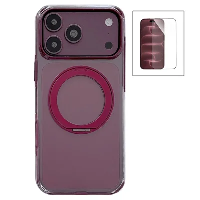 لـ iPhone 18 Pro Max / 17 Pro Max غطاء واقي مع واقي شاشة من الزجاج المقوى وحامل مغناطيسي شفاف - أحمر بورجوندي