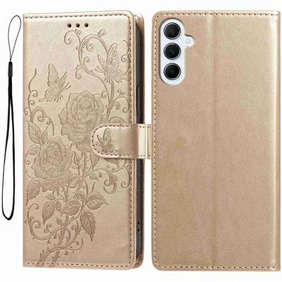 Für Samsung Galaxy A17 4G / Galaxy A18 4G / Galaxy A18 5G / Galaxy A26 5G / Galaxy A17 5G Ledertasche Rose Schmetterling geprägtes Wallet Ständer Klappcover mit Handschlaufe - Gold